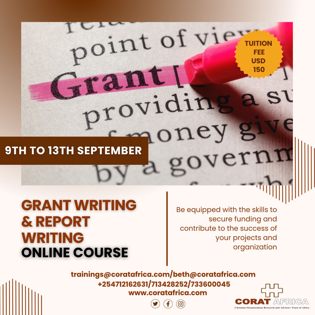 CORATAfrica's tweet image. Ready to master the art of securing funding and delivering impactful reports? Join our online #GrantWriting and #ReportWriting course and take your skills to the next level! Call +254712162631 or email trainings@coratafrica.com
