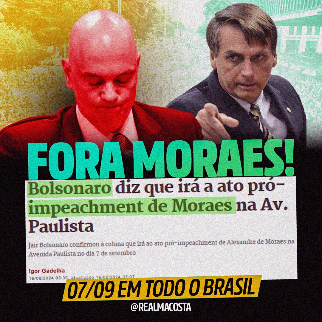 🚨🇧🇷 URGENTE: Presidente Bolsonaro confirma presença no 3º ato pró-impeachment de Moraes na Av. Paulista!

🔥SÃO PAULO: 07/09 às 14h, na Av. Paulista, em frente à CNN. 
🔥BELO HORIZONTE: 07/09 às 10h, na Praça da Liberdade.
A lista de cidades será atualizada em breve.