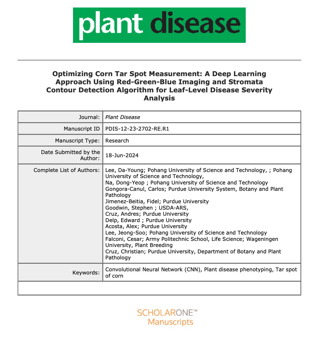 Excited to share that our manuscript on optimizing corn tar spot measurement has been accepted for publication in Plant Disease! The First Look version will be available soon. Stay tuned!