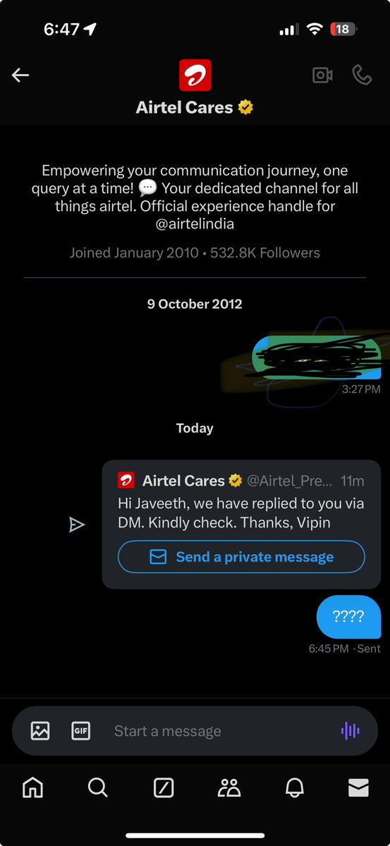 javeeth's tweet photo. @Airtel_Presence @airtelindia no one texted on DM but you have messaged you have!! Come in guys https://t.co/QWWZinQAJl