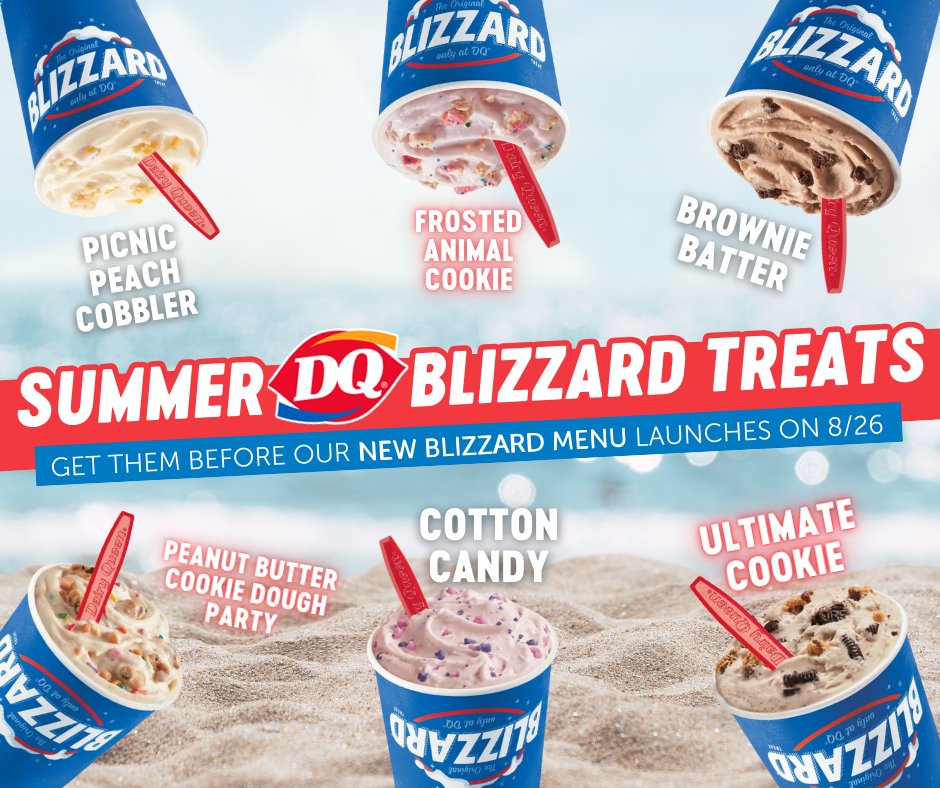 dqhamptonroads's tweet photo. Summer's almost over, but our fave Blizzards don't have to be...YET! ☀️ Make sure to try these summery flavors before they're gone. 👀🍦 
#DQ #SummerVibes #BlizzardObsessed #NewMenuComingSoon https://t.co/biVvG6bn8F