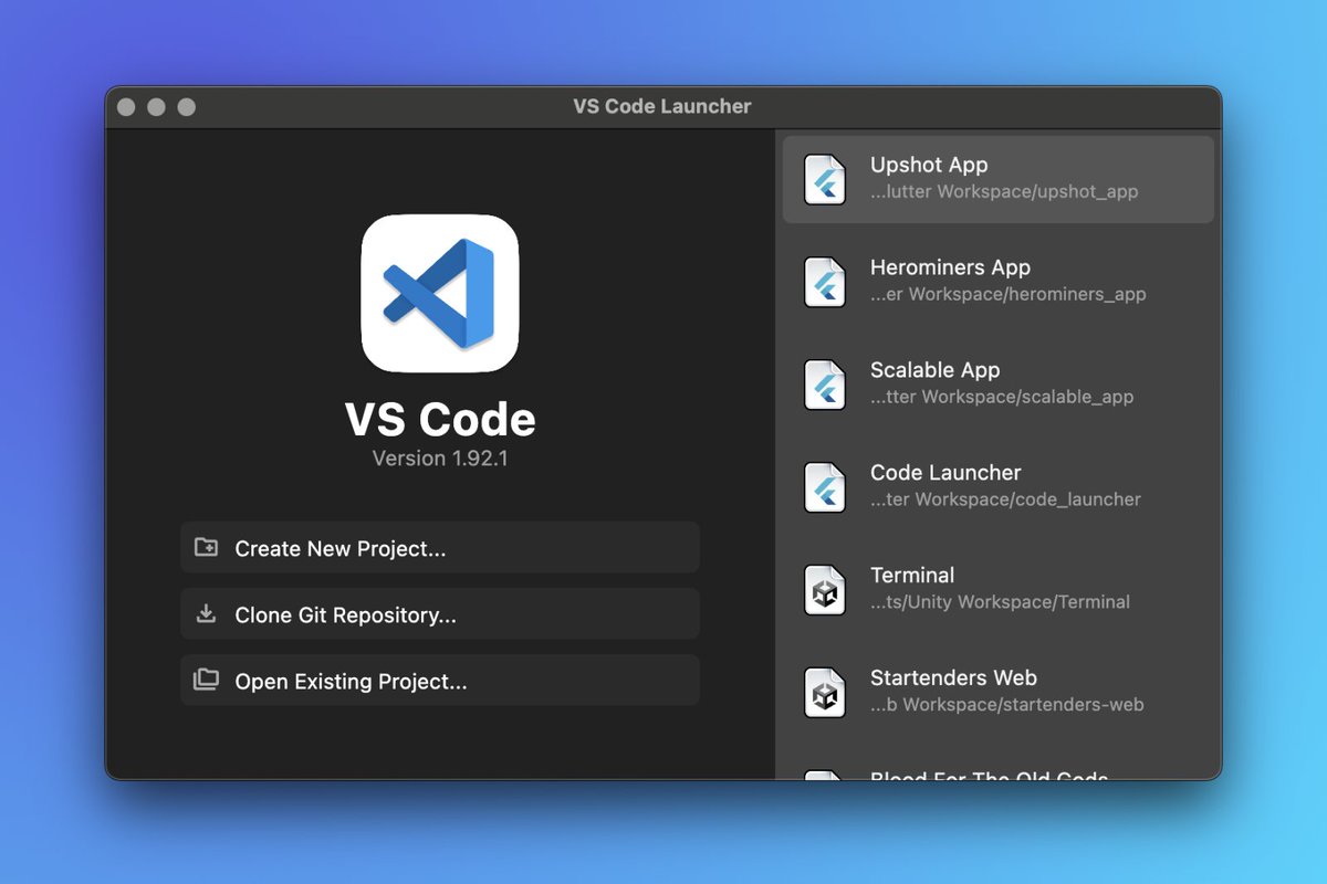 AlastairCallum's tweet photo. Always felt VS Code was missing a launcher - so I made one. Release coming soon! #buildinpublic #vscode #programming #flutterdev

✨ Create new projects
🔗 Clone Git repositories
📂 Open existing projects https://t.co/cwFZKvCJZa