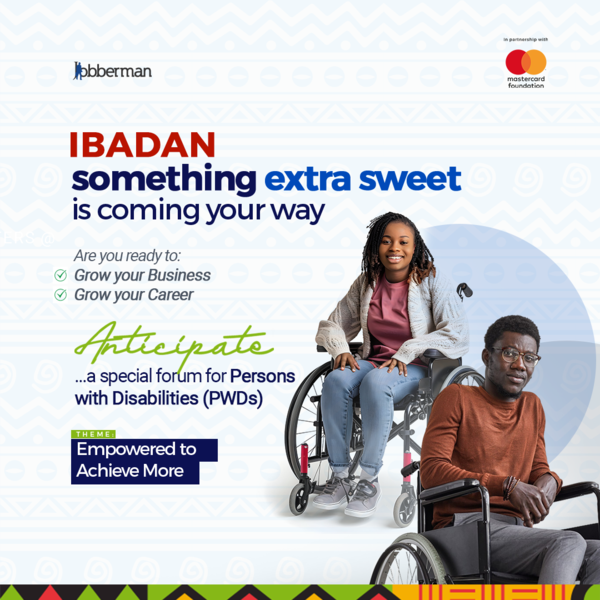Jobbermandotcom's tweet image. Big News, Ibadan! 🥳🎉

We are coming to you again. This time, it is a special forum for Persons with Disabilities. Are you ready to grow your career and business?

Stay tuned for all the details on how to register for this exciting event.

#JobbermanNigeria #InclusiveWorkforce