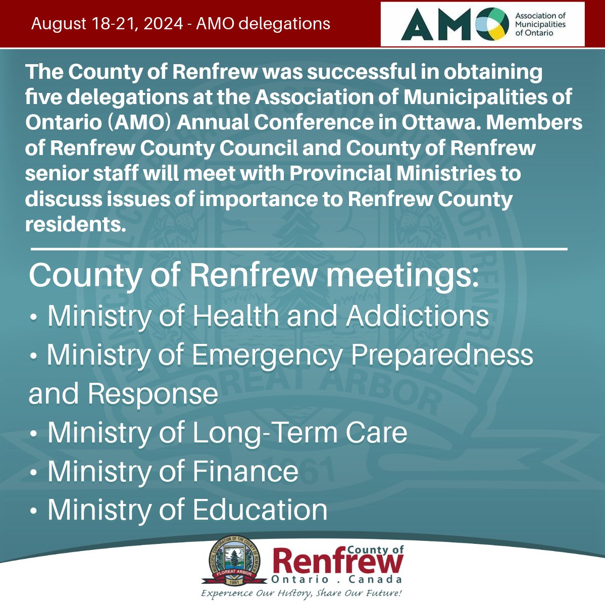 RenfrewCounty's tweet photo. The County of Renfrew’s advocacy efforts on behalf of ratepayers will continue with a number of meetings with Members of Provincial Parliament during the annual Association of Municipalities of Ontario (AMO) @AMOPolicy Conference in Ottawa next week.

#AMO2024
#RenfrewCounty https://t.co/MtrXsVANyq