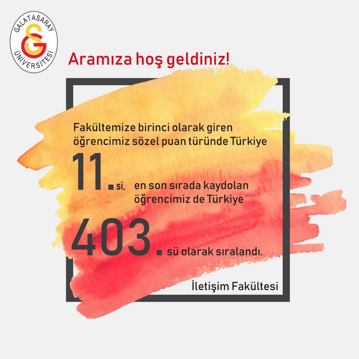 GSÜ İletişim Fakültesi, başarısını daha da arttırarak, Türkiye’nin en yüksek puanla öğrenci alan İletişim bölümü olmaya devam ediyor. 
Aramıza yeni katılan tüm öğrencilerimizi tebrik ediyor ve hepsine iyi bir eğitim süreci diliyoruz.