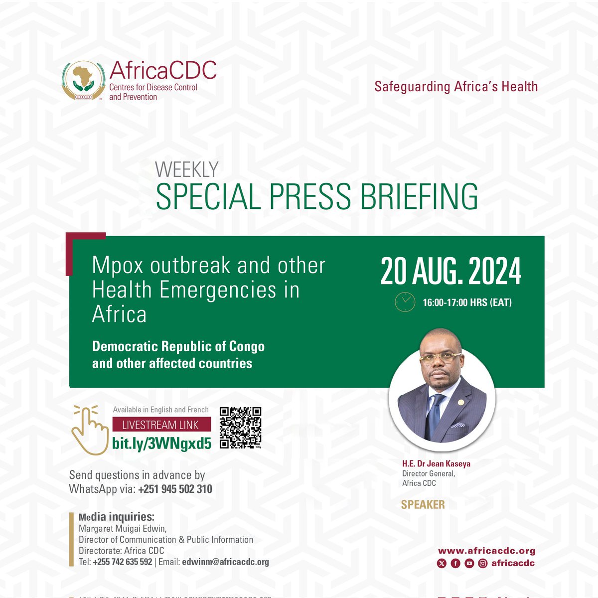 AfricaCDC's tweet photo. 📢 Urgent Alert: Following the declaration of Mpox as a Public Health Emergency of Continental Security, join us for a critical press briefing.
@AfricaCDC Director General, Dr @JeanKaseya2, will share the latest insights and urgent actions being taken to combat the outbreak.

🗓️ Date: Tuesday, 20 August 2024
⏰ Time: 4:00 – 5:00 PM EAT (GMT+3)
📍 Location: Virtual, via Zoom
🔗 Register Here - https://t.co/qDWxg4BrOG
Don’t miss this vital update!
#Mpox #HealthEmergency #PublicHealth