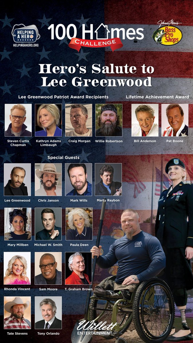 Mary Millben (@marymillben) on Twitter photo So thrilled to join my friends Johnny and Jeanie Morris, <a href="/BassProShops/">Bass Pro Shops</a>, and <a href="/HelpingAHero/">Helping a Hero</a> 100 Homes Challenge to honor my very dear friends <a href="/TheLeeGreenwood/">Lee Greenwood</a> and Kim Greenwood for their service to God and America!
Make plans to join us for our Hero’s Salute to Lee Greenwood in So thrilled to join my friends Johnny and Jeanie Morris, <a href="/BassProShops/">Bass Pro Shops</a>, and <a href="/HelpingAHero/">Helping a Hero</a> 100 Homes Challenge to honor my very dear friends <a href="/TheLeeGreenwood/">Lee Greenwood</a> and Kim Greenwood for their service to God and America!
Make plans to join us for our Hero’s Salute to Lee Greenwood in
