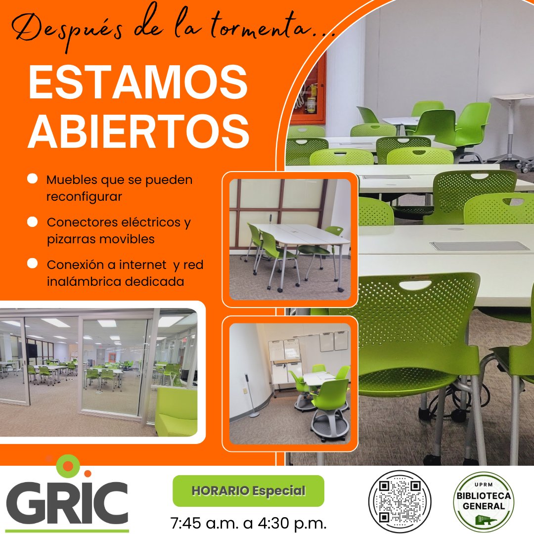Si necesitas cargar tus equipos, acceder a Internet o simplemente refugiarte del calor, puedes visitarnos hasta las 4:30 pm. <a href="/BibliotecaUPRM/">Biblioteca UPRM</a> <a href="/uprm/">RUM/UPRM</a>