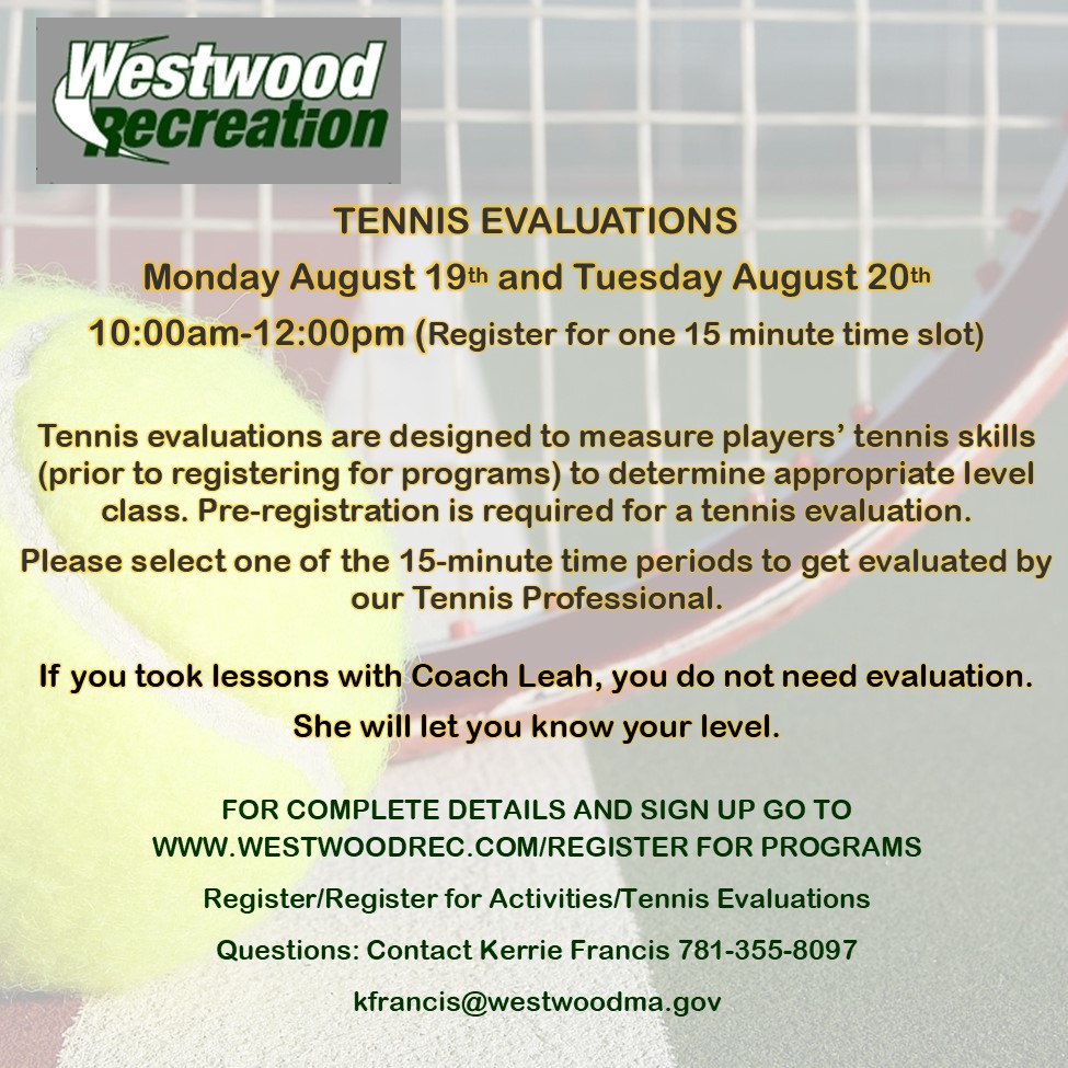 WW_Rec's tweet image. Tennis Evaluations for upcoming programs, click link or go to westwoodrec.com. click on Register for Programs, click Register/Programs and Activities/Tennis Evaluations
westwoodrec.activityreg.com/selectactivity…