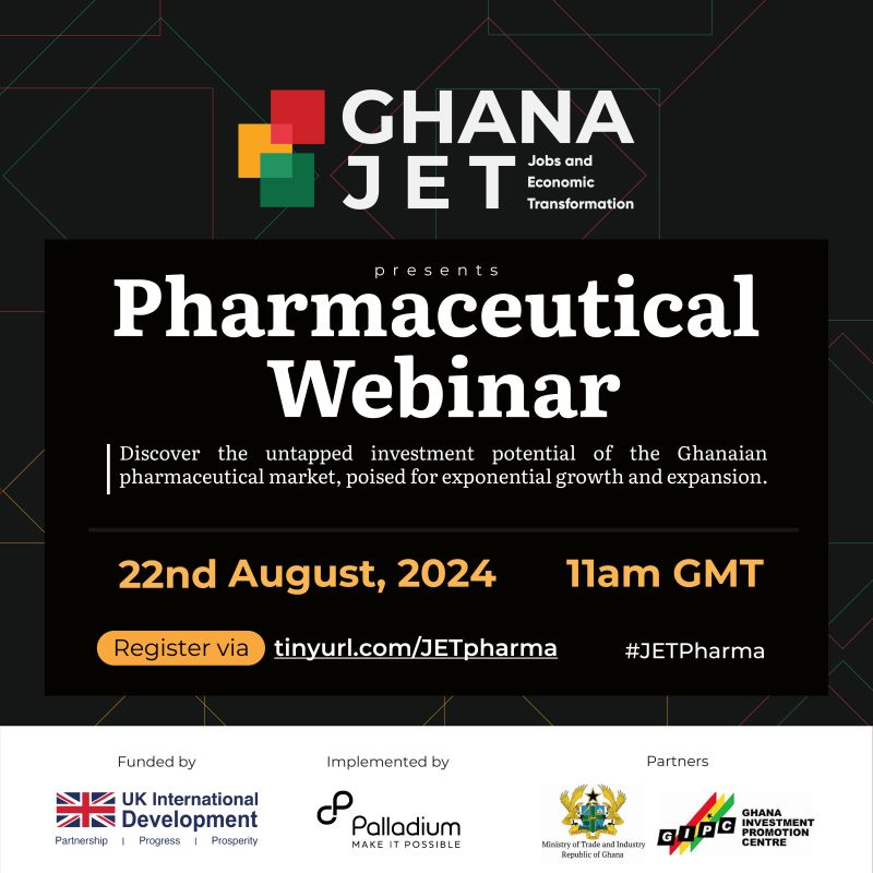 UKinGhana's tweet image. Calling all investors in the #PharmaSector 📢
The GH JET Programme, a UK government-funded initiative is hosting a webinar to discuss the investment potential of the GH pharmaceutical sector.

What awaits you: 
🔘Presentations from key government departments, including insights