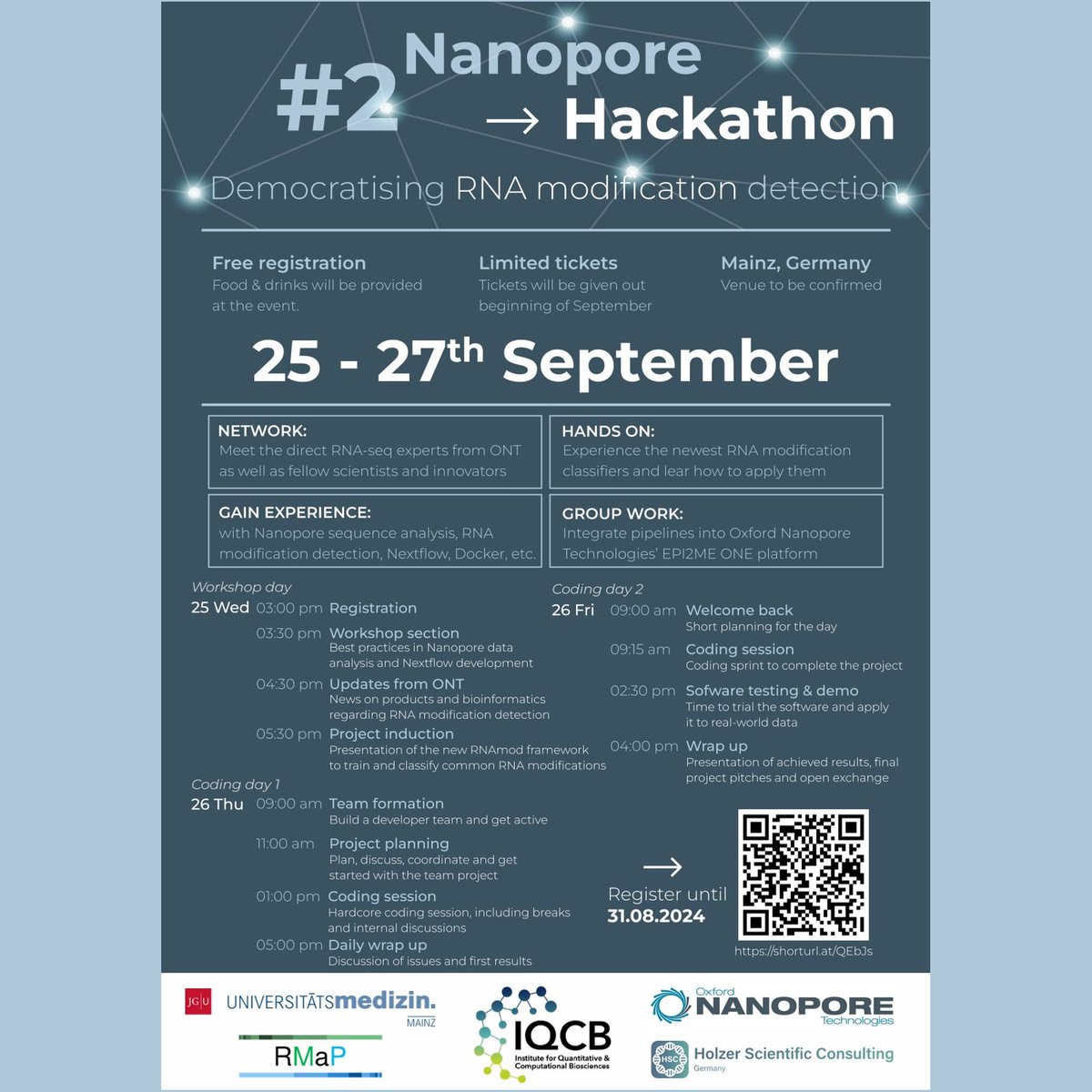 If you are an RNA enthusiast and bioinformatic expert check out the event details and register until 31st of August 2024 via this form: shorturl.at/QEbJs.

#RNA #MachineLearning #AI #NanoporeSequencing #Bioinformatics #Hackathons