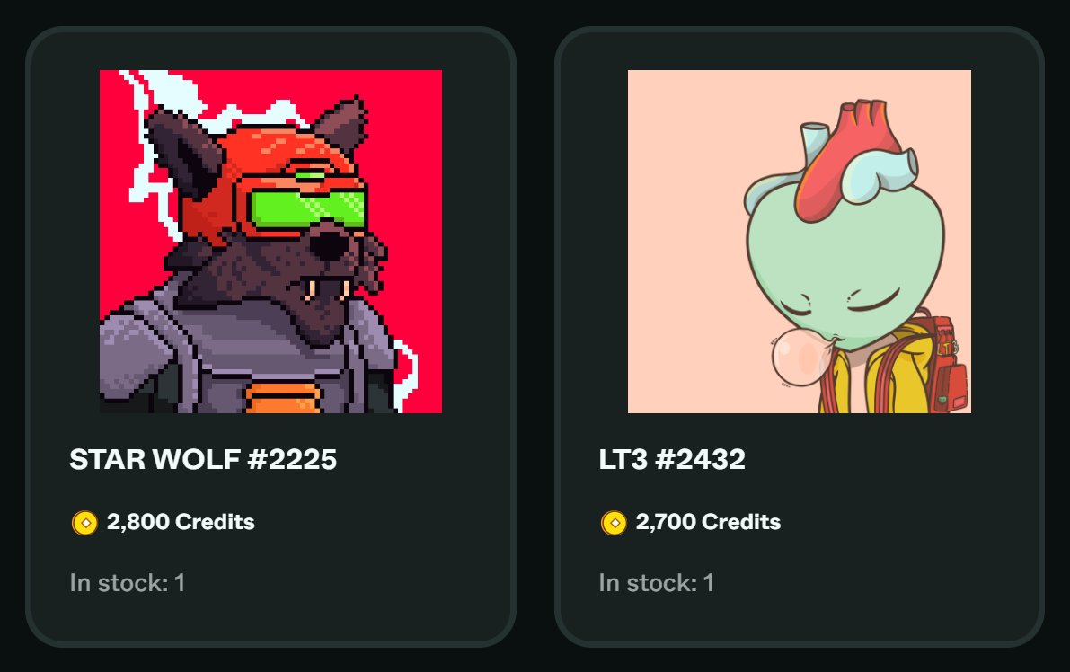 NEO REWARDS | NEW STORE ITEMS 🚨

STAR WOLF #2225
▫️ 2,800 $CREDITS
LT3 #2432
▫️ 2,700 $CREDITS

Check them out in-store via: sesamelabs.xyz/neozen/?tab=st…

Join NEO REWARDS &amp; start earning $CREDITS 🪙 #LFZEN