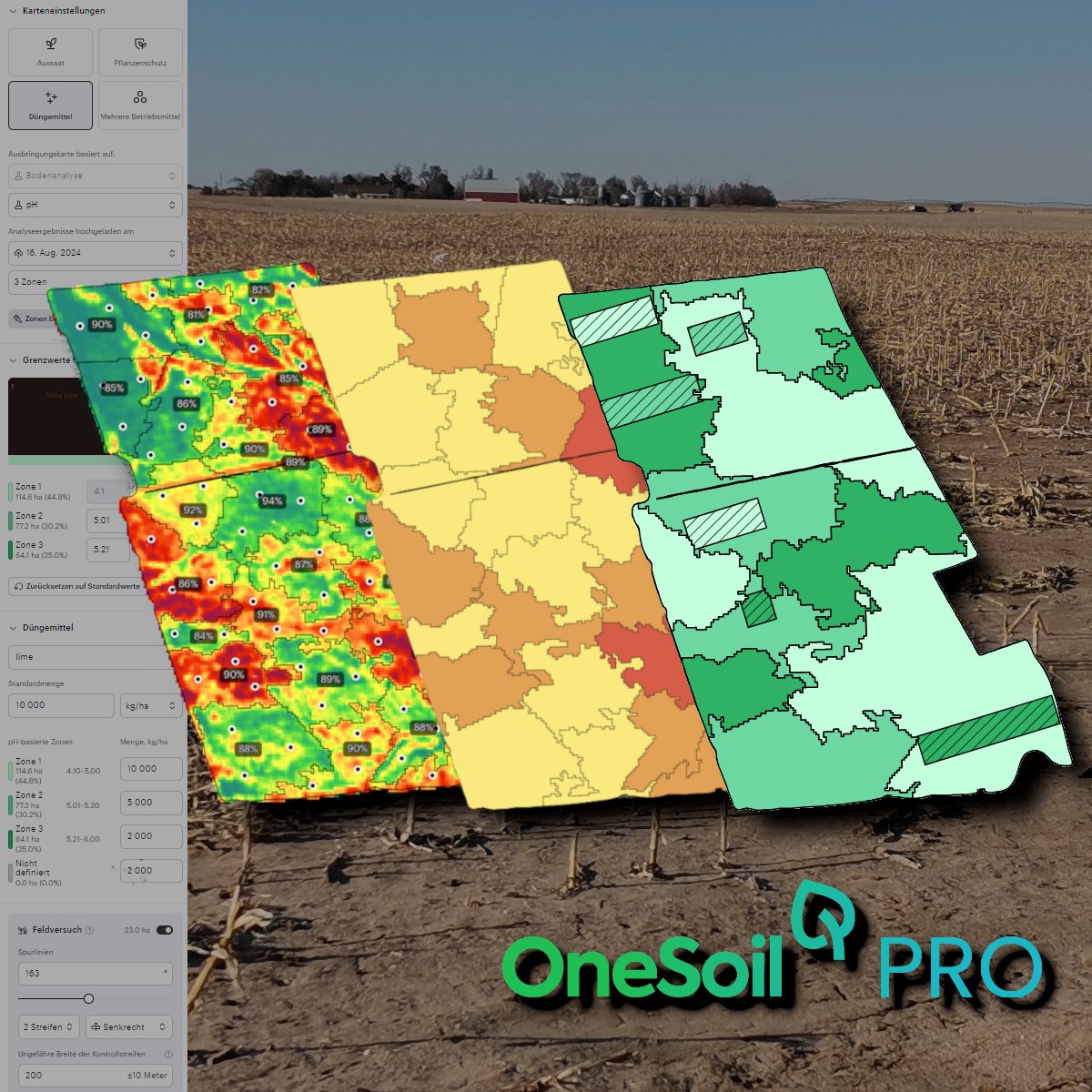 Left to right: #SoilSampling map, laboratory results, #VRAmap with trial strips for VRA value analysis.