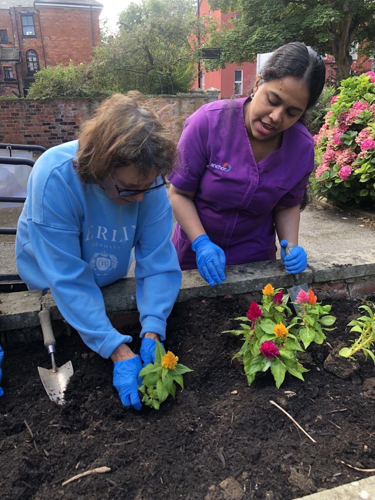 HalcyonCourt's tweet photo. We’ve been planting up our raised flower beds today in the lovely weather.  Residents are very proud of their achievements 😊 @HalcyonCourt  @AnchorLaterLife #gardening https://t.co/HzY0CFWcxO