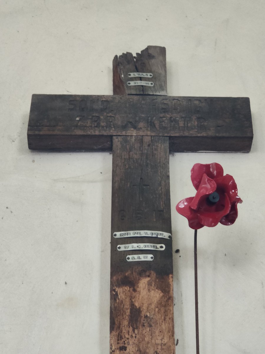 LynchJames17's tweet photo. St Mary Magdalene, #Cowden also  has an original wooden #WW1 grave marker. Erected by the Germans at Bouchain C.C German Extension, it marked the grave of Pte William Thomas Ashby. After concentration post-war, William was reinterred at @CWGC Cabaret-Rouge British Cemetery. https://t.co/eJdLZm3TZH