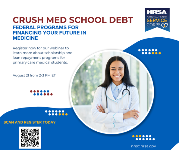 AACOMmunities's tweet photo. Join this webinar to learn about @NHSCorps programs! Discover how these #Scholarships and #LoanRepayment programs can cover tuition or student loans in exchange for short-term practice in communities of need. Registration is closed! #MedEd #NHSC https://t.co/DRrzv1NPOk