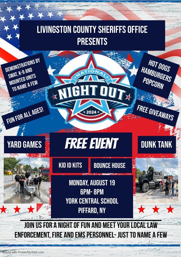 LivingstonCoNY's tweet photo. Join the Livingston County Sheriff's Office, EMS, and Probation department on August 19th, 2024 from 6pm-8pm at York Central School for their annual National Night Out event! https://t.co/i0fPKGu0Tb