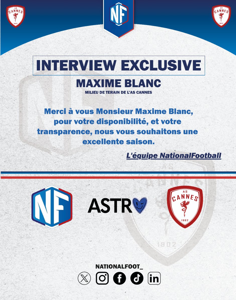 Merci à Maxime Blanc pour nous avoir accordé son temps ! Bonne saison à l'AS Cannes ! 🔴⚪️

N'oublier pas d'interagir avec le post 💙😉