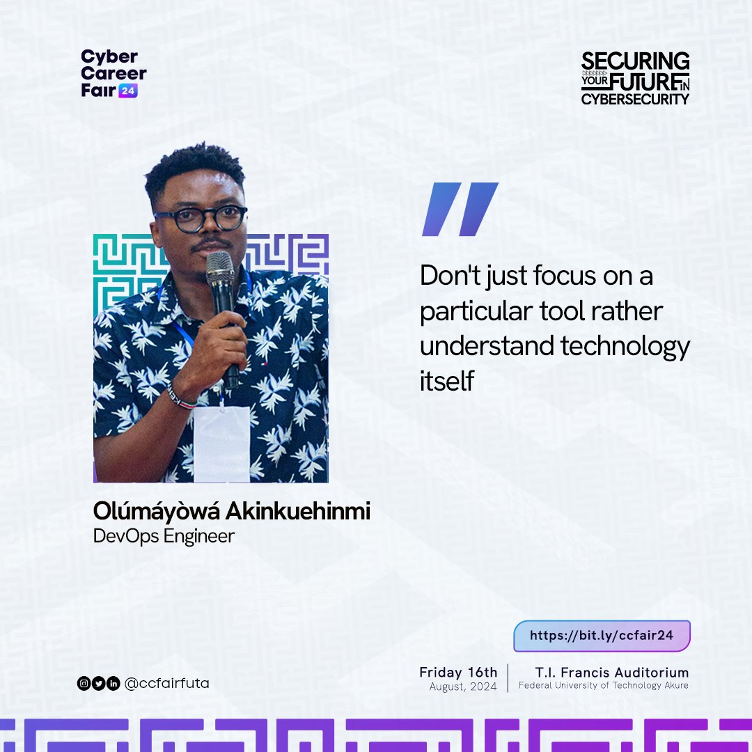 ccfairfuta's tweet photo. An emoji that qualifies Olumayowa session is 🔥🔥🔥

It was an amazing time well invested as he took us on a journey into his own experiences in the space.

Here are some excerpts.
#CCF24 #Cybercareerfair #Careerfair #Cybersecurity https://t.co/KJXmdZLw2c