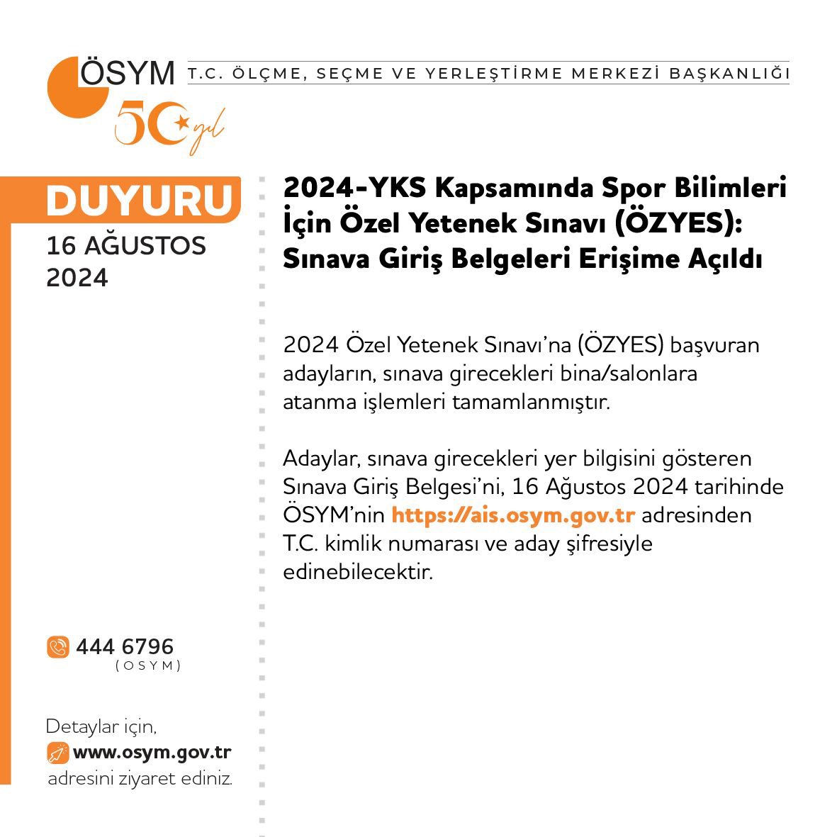 2024-YKS Kapsamında Spor Bilimleri İçin Özel Yetenek Sınavı (ÖZYES): Sınava Giriş Belgeleri Erişime Açıldı

osym.gov.tr/TR,30607/2024-…