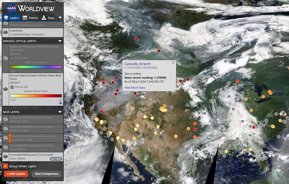 NASAEarthData's tweet image. Four imagery layers from the Aerosol Robotic Network (AERONET) are now available in #NASAWorldview. These ground-based aerosol measurements can be used with satellite-based aerosol imagery already in Worldview. 

➡️Learn more about these new layers: go.nasa.gov/3yFtde8