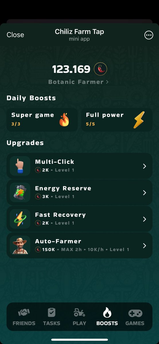 🔥 BOOM! The Day Has Come! AUTO-FARMER 🔥

🎮 PLAY: t.me/chilizfarm_bot

Introducing the much-requested AUTO-FARMER in Chiliz Farm Tap, now available for all players! 🚜 Upgrade it to earn even greater rewards! The maximum level is 10. 🔝

We’ve also moved the statistics to