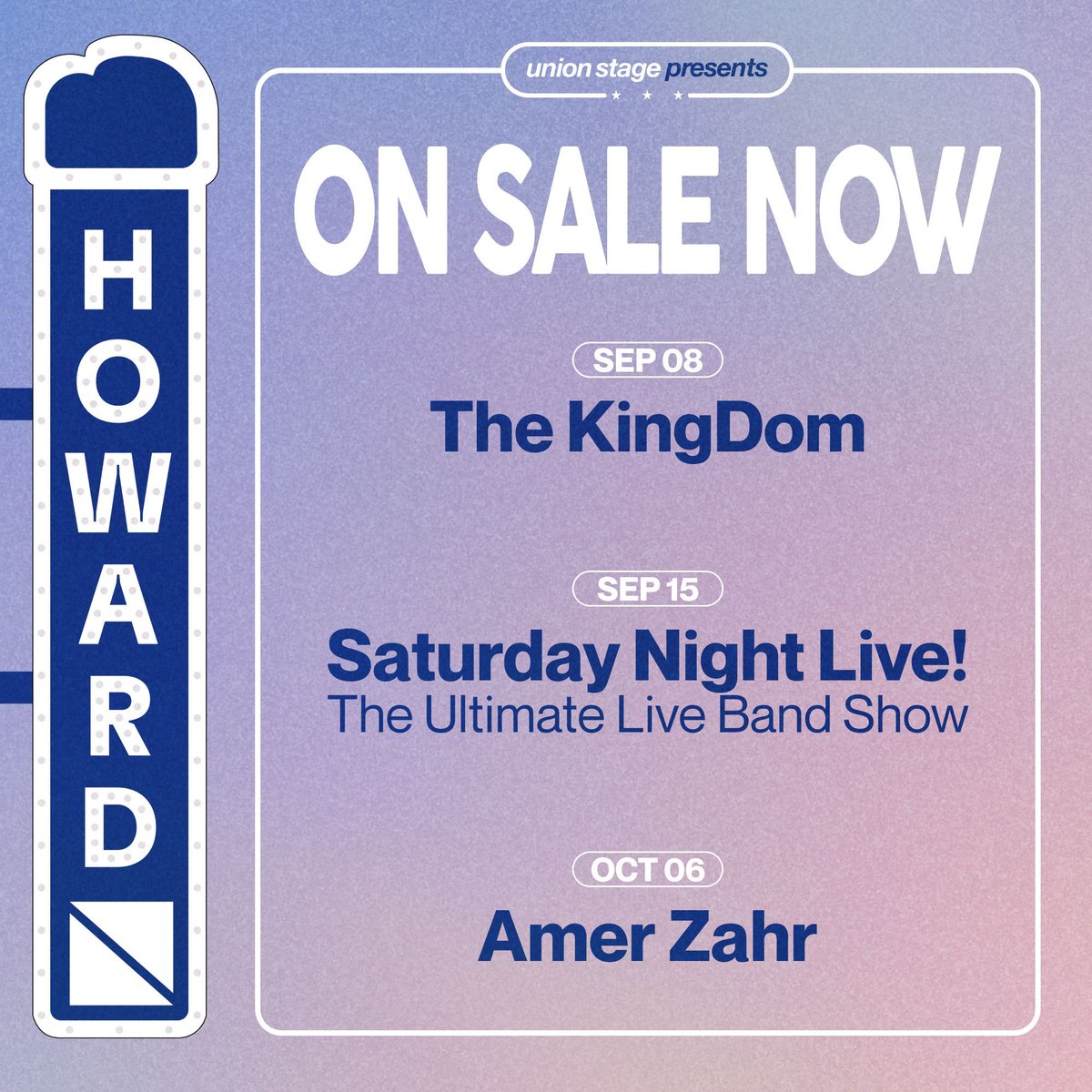 On Sale Now!

9.08 — The KingDom
9.15 — Saturday Night Live! - The Ultimate Live Band Show
10.06 — Amer Zahr 

Ticket available at the link in bio.