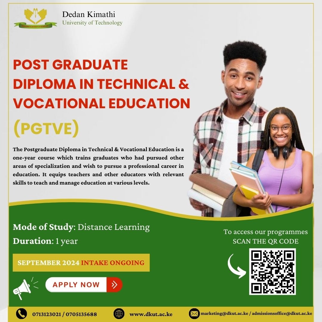 DeKUTkenya's tweet photo. Advance Your Career in Education with a Postgraduate Diploma in Technical & Vocational Education (PGTVE) at DeKUT!
Study via distance learning and gain the skills to teach and manage education at various levels.
#DistanceLearning #CareerAdvancement #September2024Intake https://t.co/LDj9LpeECq