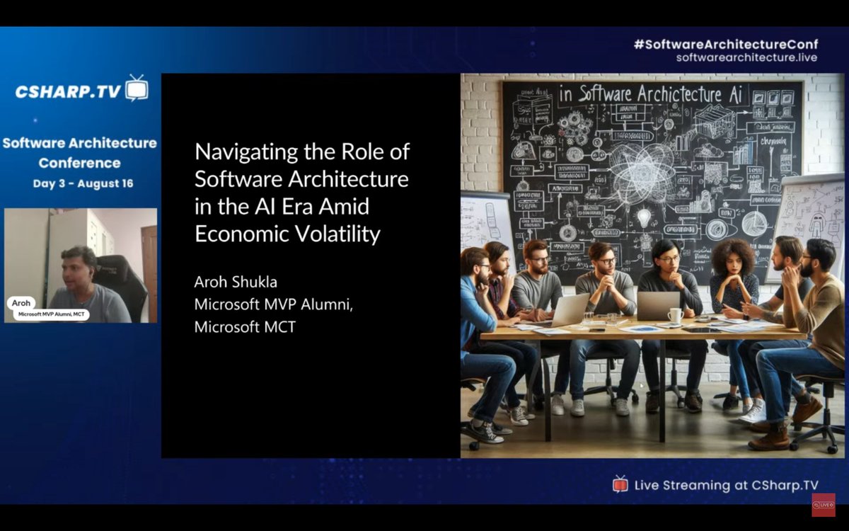 CSharp.TV (@csharpdottv) on Twitter photo Don’t miss <a href="/aaroh_bits/">Aroh Shukla</a> at #SoftwareArchitectureConf 2024 - Day 3! He’s live now, talking about the crucial role of software architecture in today’s AI-driven and economically uncertain landscape.
📺 Live streaming at tinyurl.com/28vz4a23
#SoftwareArchitecture #CSharpTV Don’t miss <a href="/aaroh_bits/">Aroh Shukla</a> at #SoftwareArchitectureConf 2024 - Day 3! He’s live now, talking about the crucial role of software architecture in today’s AI-driven and economically uncertain landscape.
📺 Live streaming at tinyurl.com/28vz4a23
#SoftwareArchitecture #CSharpTV