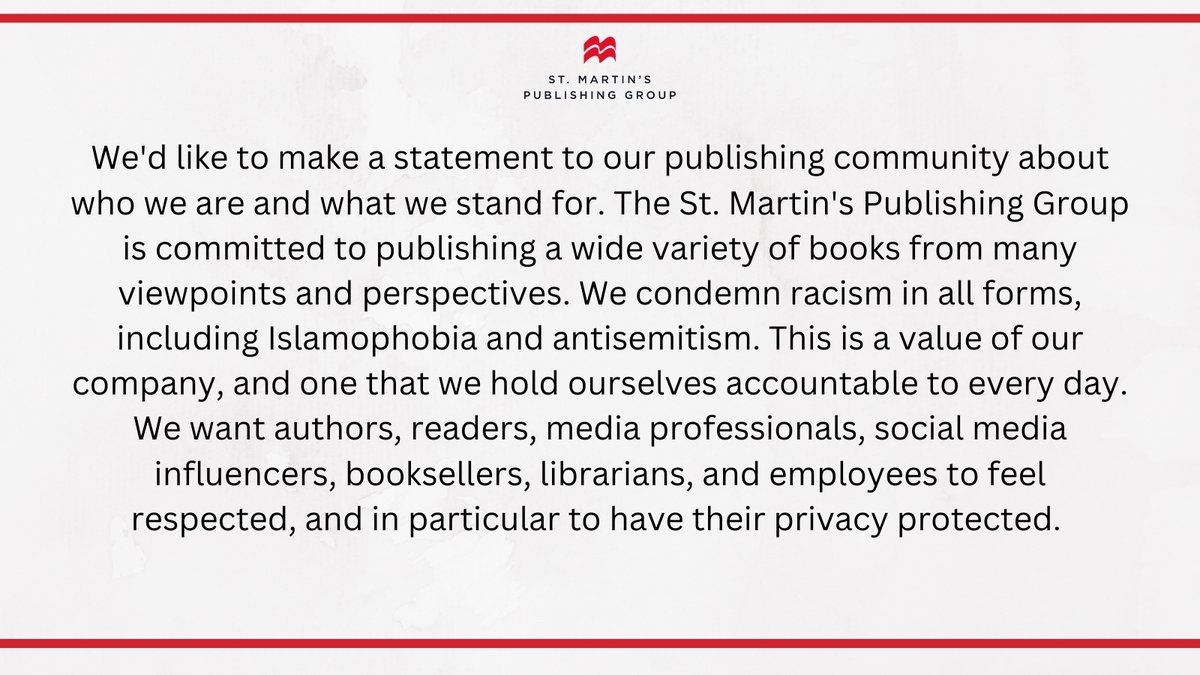 StMartinsPress's tweet photo. A statement from the St. Martin's Publishing Group. https://t.co/pj8ec2qHmn