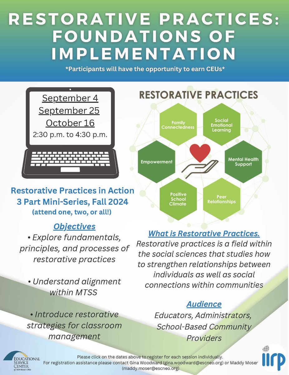 This training  is a 3 part series.
 
In the 1st session  on Restorative Practices, you will learn fundamental theories and practices for engaging with students, staff, and parents in your school setting.

Register for the September 4 session here: escneo.org/protected/Even…