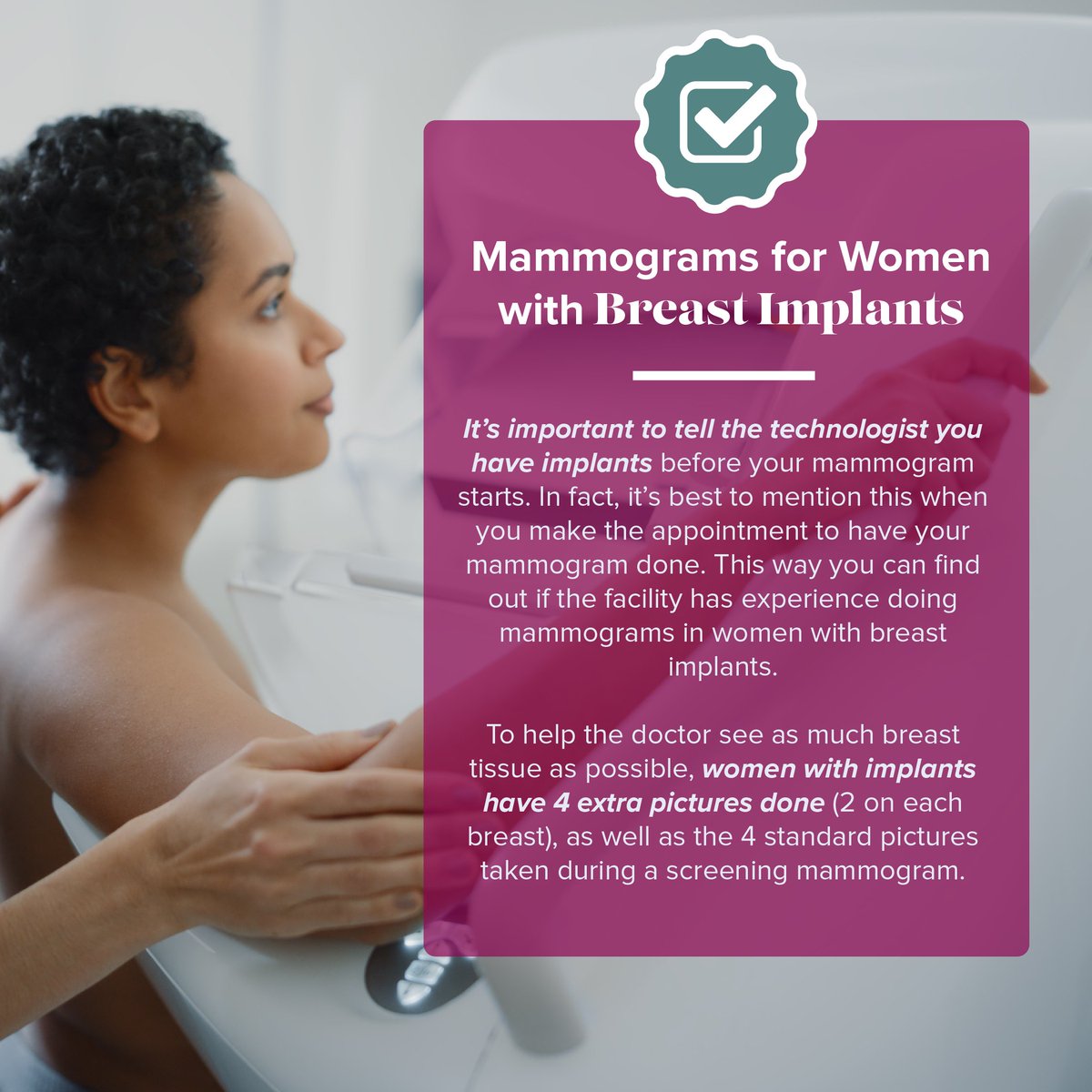 Did you know you can still get a mammogram if you have breast implants? Navigating mammograms with breast implants can be a bit different, but it’s essential for early detection and peace of mind. Talk to your doctor about the best screening options for you.  🩺🔍