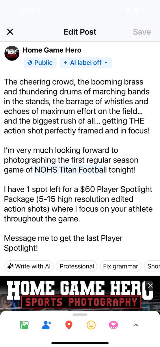Can’t wait to be on the sidelines  capturing the #hogmountainbowl action tonight! 📸🏈

I currently have room for ONE MORE Player Spotlight Package for tonight. Message me for details. I’ll post an update when filled. TY!

<a href="/NOHSFootball/">North Oconee Football</a>
<a href="/NOHSTitans/">North Oconee Titans</a>
<a href="/Northoconeeath/">North Oconee Athletics</a>
<a href="/OfficialGHSA/">GHSA</a>