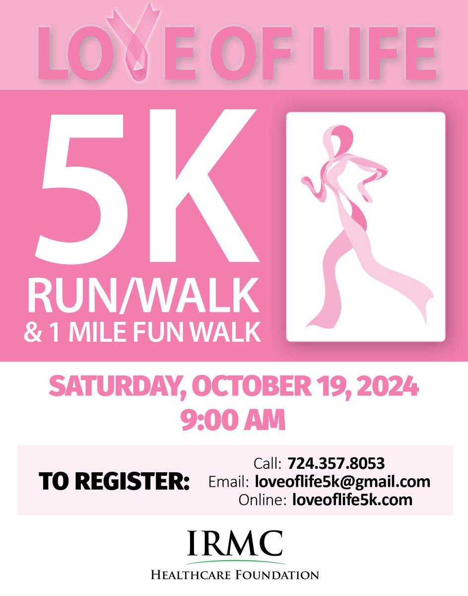 Mark your calendar! Join us on Saturday, October 19th, for the Annual Love of Life 5K to raise money for local breast cancer services at IRMC's Women’s Imaging Center. For race info and registration, click here: loveoflife5k.com