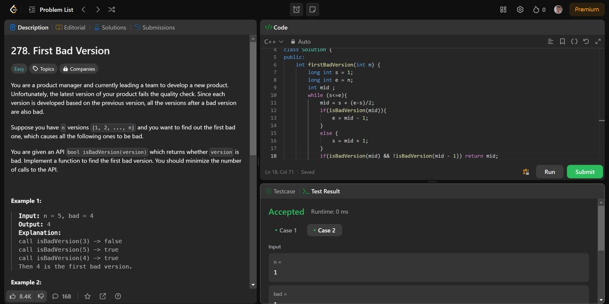 Shailendra0053's tweet image. Day 24 🔥
Day 24th of 30 Days Challenge
#30DaysofCode
#30DaysCodeChallenge
Hare Krishna 🙏
1: ✅ Leetcode Problem: First Bad Version
2: ✅ Leetcode Problem: Search in Rotated Sorted Array II
#30DaysOfCode
#code
#project
#consistent
#Leetcode
#DSA