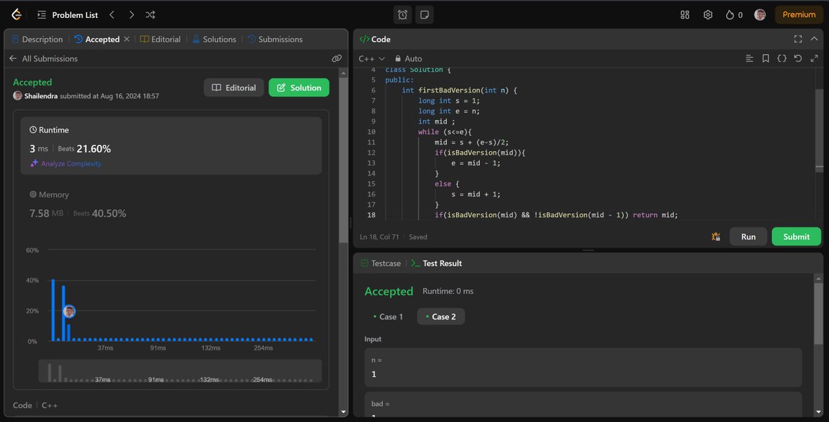 Shailendra0053's tweet image. Day 24 🔥
Day 24th of 30 Days Challenge
#30DaysofCode
#30DaysCodeChallenge
Hare Krishna 🙏
1: ✅ Leetcode Problem: First Bad Version
2: ✅ Leetcode Problem: Search in Rotated Sorted Array II
#30DaysOfCode
#code
#project
#consistent
#Leetcode
#DSA