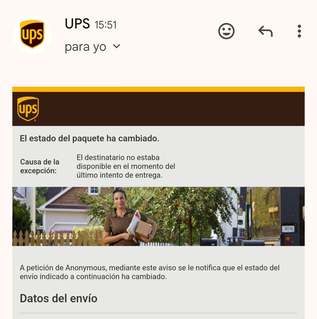 <a href="/UPS_ES/">UPS España</a> no tenéis vergüenza, bueno el repartidor. Mi mujer lleva todo el día en casa y tiene las narices de decir que no había nadie. Siempre igual con el repartidor. Nunca nos deja el paquete ya q lo deja en el bar de al lado de casa, pero hoy como está cerrado... 😡😡😡