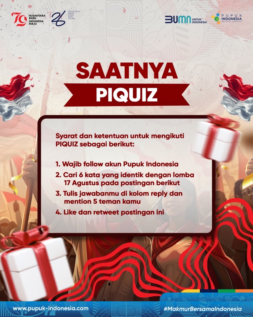 pupuk_indonesia's tweet photo. Hai Sobat Pupuk!

Saatnya PI Quiz Special Hari Kemerdekaan nih!

Ada total hadiah Rp1,5 juta untuk 10 orang yang beruntung. Jangan lupa ikuti syarat dan ketentuannya juga! https://t.co/jfaV2vEGfO