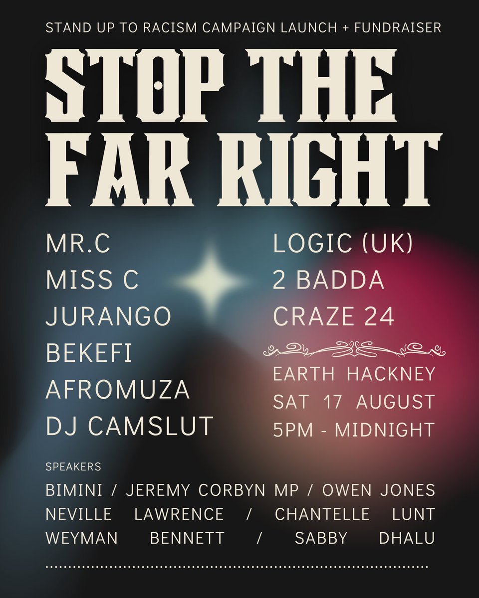 Tomorrow🚀🔥Stop the far right✊🏽LDN campaign launch + fundraiser

Join us for an evening of speeches + discussion followed by DJs + music🎵 Let’s come together to build a mass movement against racism + the far right🤝

Limited tickets👉🏽Book now bit.ly/unitylaunch