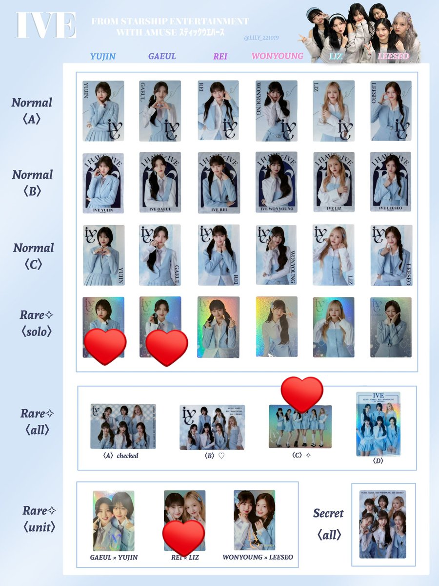 314AZURE's tweet photo. IVE ウエハース トレカ 交換
【譲】リズレア、ウォニョンレア、イソレア、ガウルユジンユニット(画像1枚目)
【求】ユジンレア、ガウルレア、オールC、レイリズユニット(画像2枚目)

郵送での交換を希望します。
ウォニョンはレイリズユニットとの交換希望です。
お気軽にお声掛けください🙇‍♂️ https://t.co/prCMve3TPX