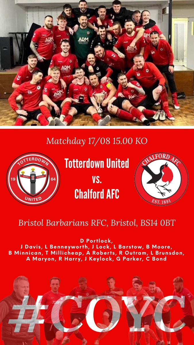 ⚽️: <a href="/TOTTERDOWNUTD/">Totterdown United</a> vs. <a href="/Chalford_AFC/">ChalfordAFC (C) 🏆</a> 
🏆: <a href="/GlosCounty/">Glos County League</a> 
⏱: 17/08/2024 15.00KO
📍: Bristol Barbarians RFC, Whitchurch, Bristol, BS14 0BT

#COYC #Chalford