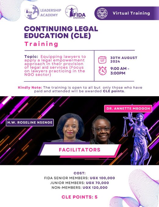 asiimireritah's tweet photo. #VirtualCLEtraining by #FIDAULeadershipAcademy with Dr. Annette Mbogoh & H.W. Roseline Nsenge: "Equipping Lawyers to apply a legal empowerment approach in their provision of legal aid services."
Registration Link: https://t.co/DGo2vQX4vcβ¦
πFriday, 30th August, 2024 at 9am https://t.co/NLFBWWzCWW