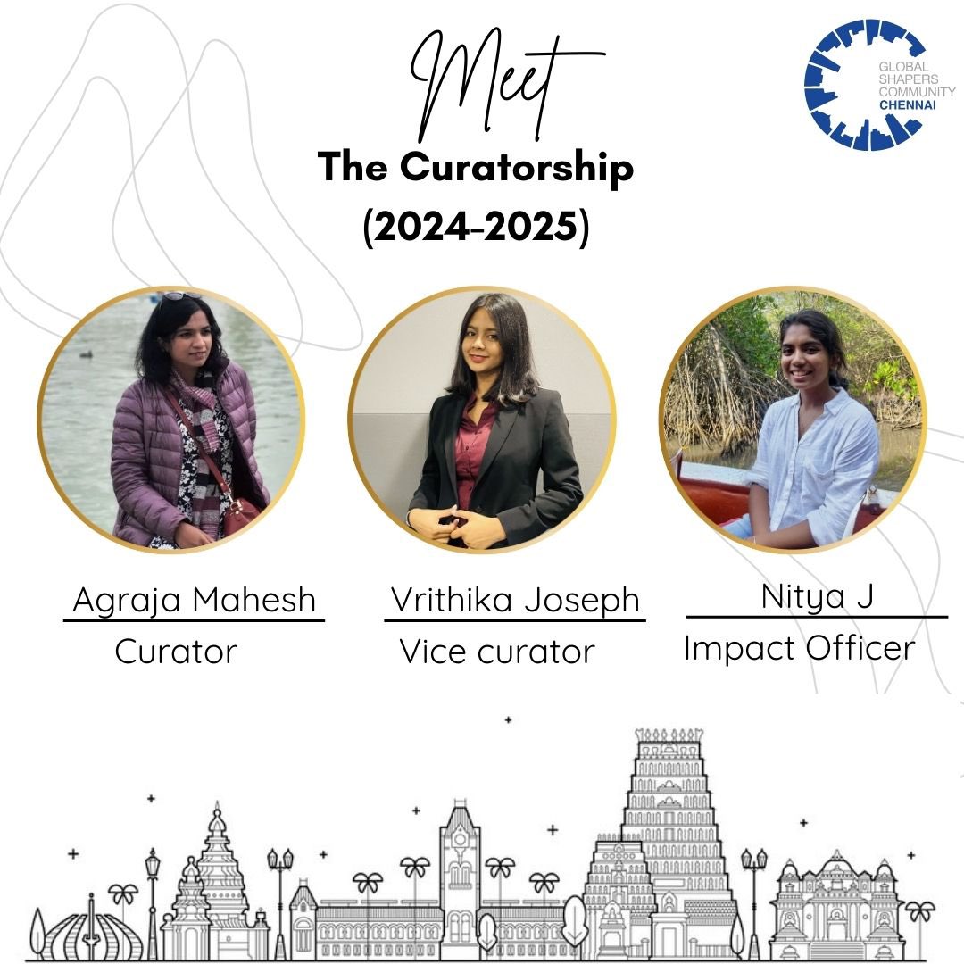Drumroll please ... Announcing Our New Curatorship for 2024-2025! 
Join us in welcoming Agraja Mahesh, Vrithika Joseph and Nitya J. 
The curatorship team will be leading the charge of the Chennai Hub through innovative projects and impactful initiatives. 
#GlobalShapersChennai