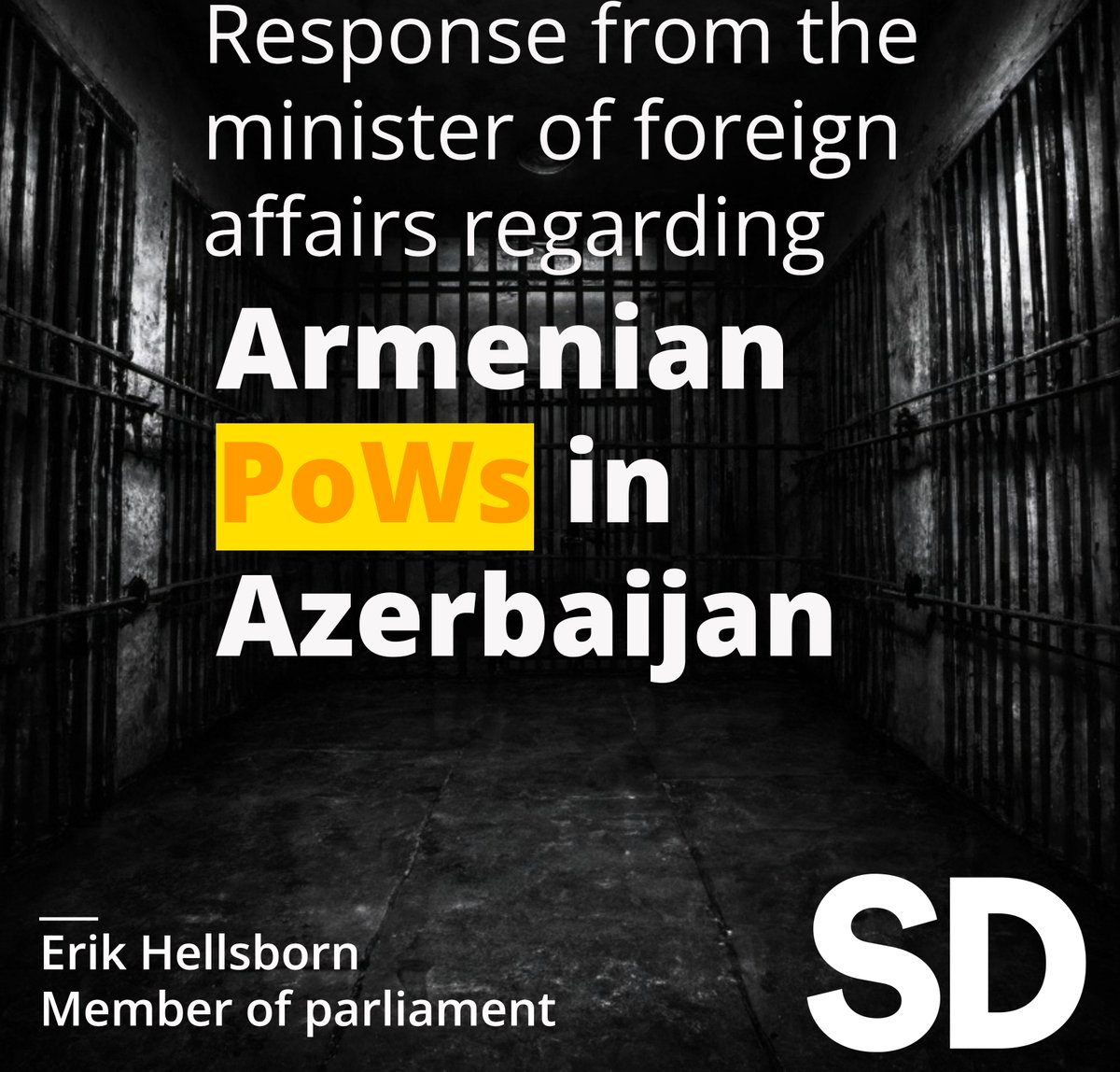 Pretty vague. As usual.

- - - -

Answer to question 2023/24:1035 by Erik Hellsborn (SD)
Armenian prisoners of war in Azerbaijan

Erik Hellsborn has asked me if, in the event that the USA decides on sanctions against Azerbaijan, might Sweden do the same.

The government assumes