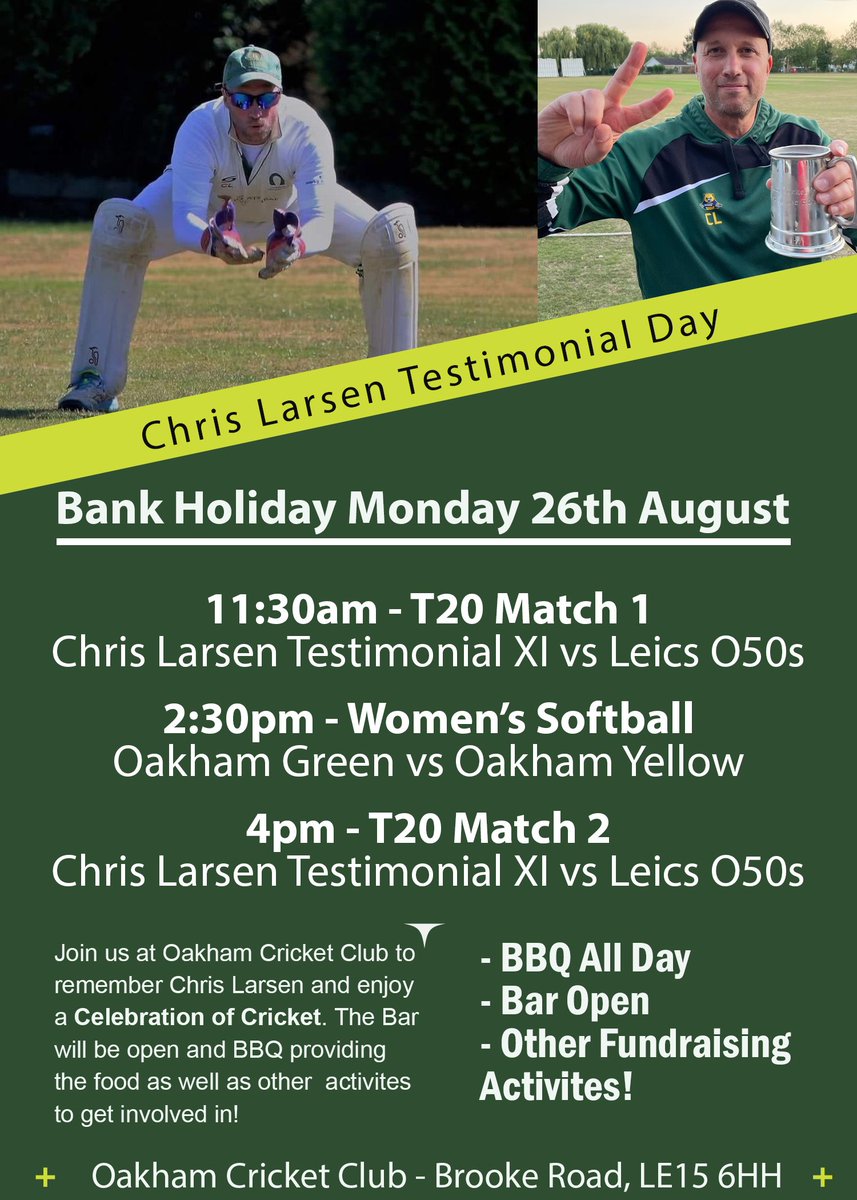 OakhamCricket's tweet photo. Looking forward to honouring this great man on Bank Holiday Monday - come down to support and get involved in some of the various activities around the ground, as well as three highly entertaining games of cricket! https://t.co/Bc3QUxB5mR