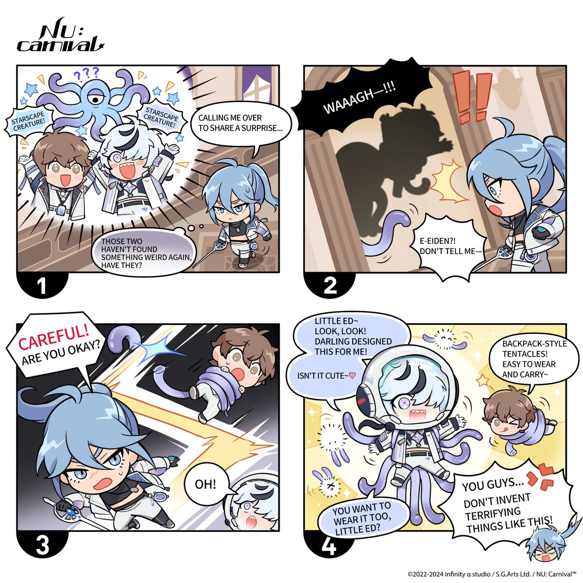 NUCarnivalEn's tweet photo. Hearing a scream, Edmond rushes to eliminate the danger. ⚔️
Little did he expect it to be Master Eiden's brand-new masterpiece—backpack-style tentacles!
Not only is it easy to wear and carry, it's also got some rather remarkable binding capabilities~ 🤭

#CallFromTheStarscape will soon be coming to an end. Make sure you grab this opportunity to admire the shooting stars. ⏰

#NUCarnival #4KomaComic #BL