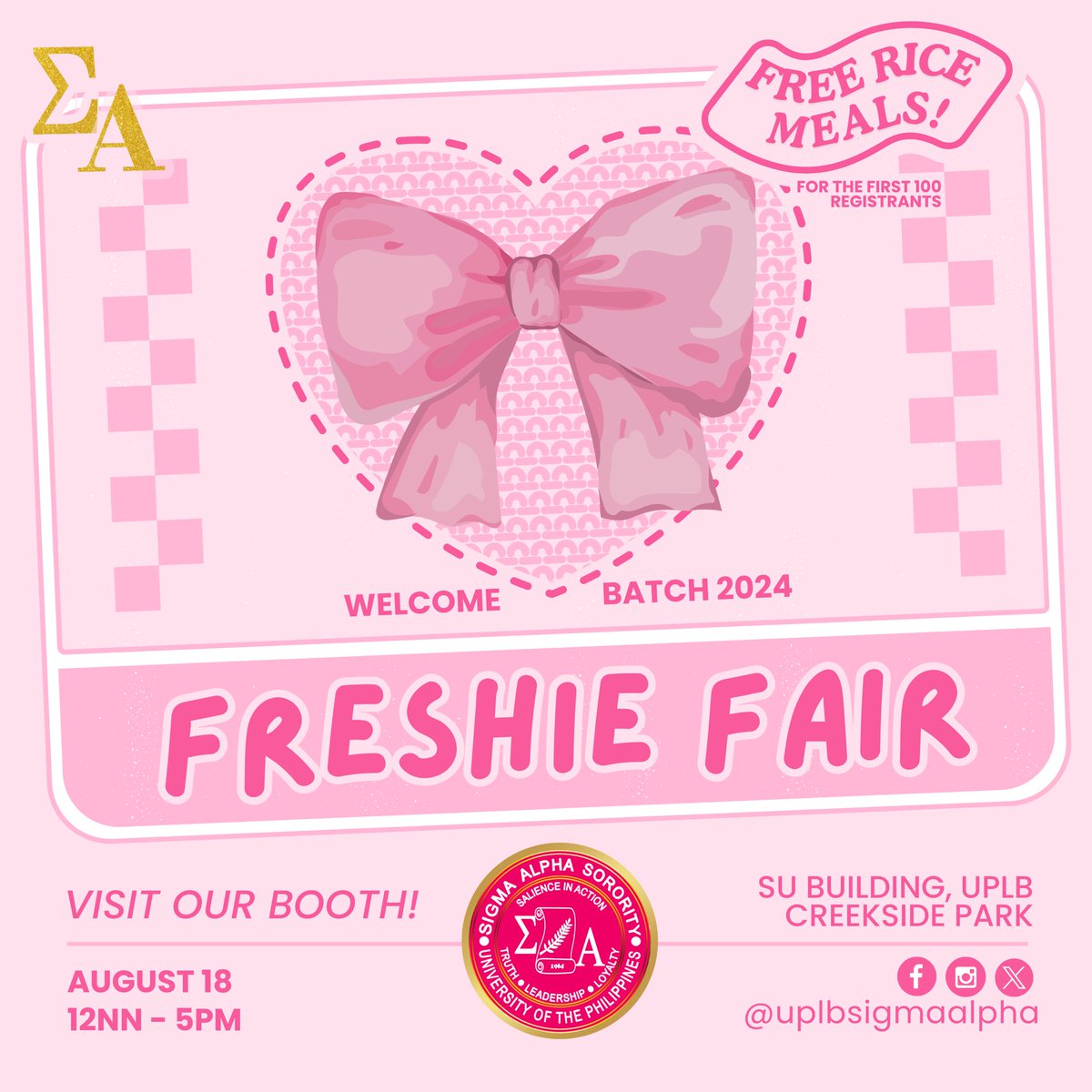 uplbsigmaalpha's tweet photo. Hey Freshies! 🎉

Get ready for the ultimate experience at our sorority's booth this August 18, Sunday, from 12NN-5PM at the Student Union building! https://t.co/VmpjWX1s5m