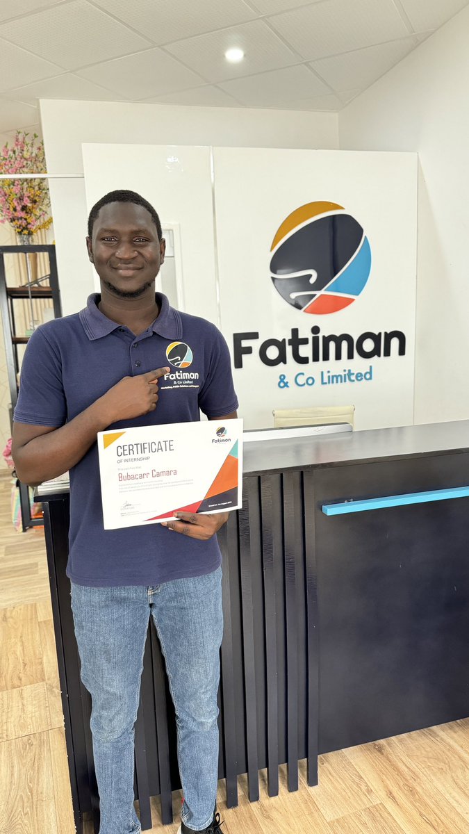 FatimanCo's tweet photo. Celebrating Growth! 
Proud to recognize our intern Bubacarr Camara, for completing a 6 months internship program at #Fatimanandco
As a final year Marketing student at the  #UniversityOfTheGambia, we’re excited for his future.
 #CareerGrowth #TeamFatiman #ProfessionalDevelopment https://t.co/JuRnnrXKcR