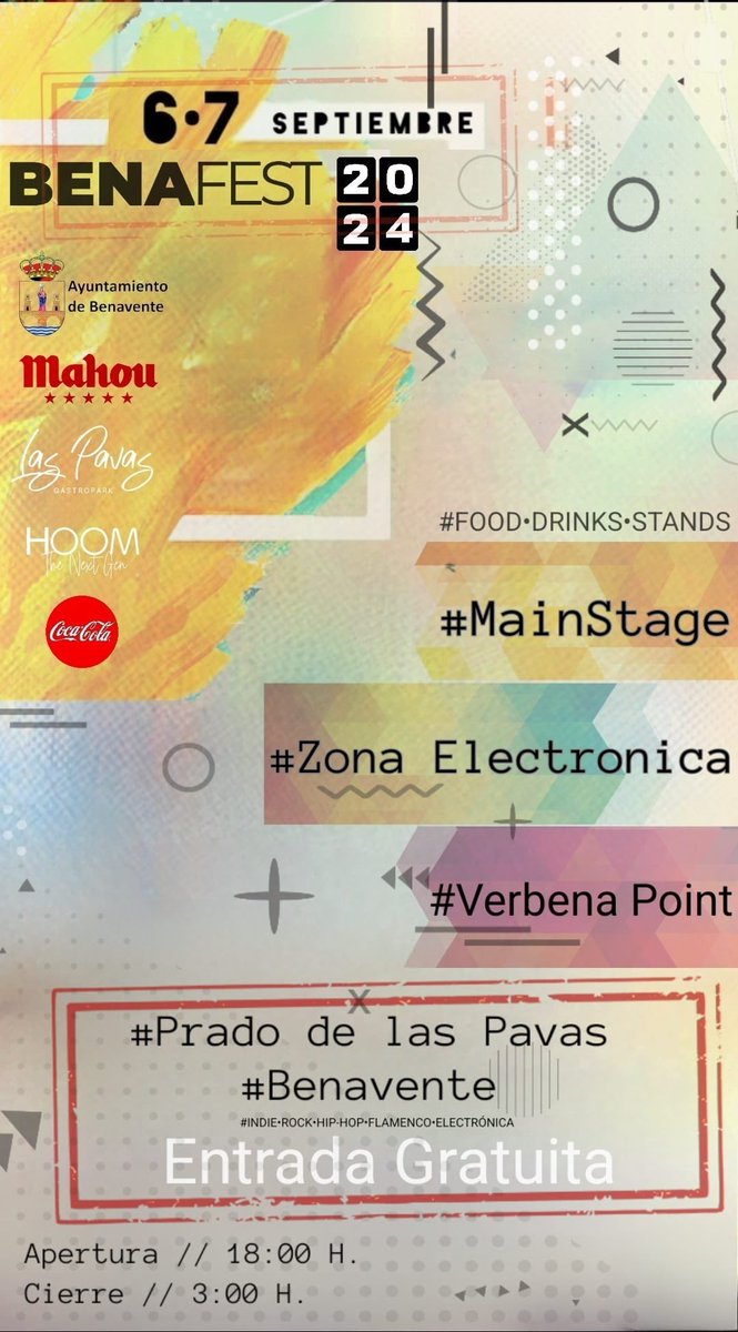 BENAFEST|

Ya está aquí la segunda edición del festival ‘Benafest’ con la actuaciones de <a href="/SexyZebras/">SEXY ZEBRAS</a> <a href="/OficialConchita/">Conchita</a> <a href="/underwallace/">UnderWallace</a> y mucho más.

📅6 y 7 de septiembre
📍Prado de las Pavas

¡No te lo puedes perder!

🎟️Entrada gratuita 

#Benafest2024
