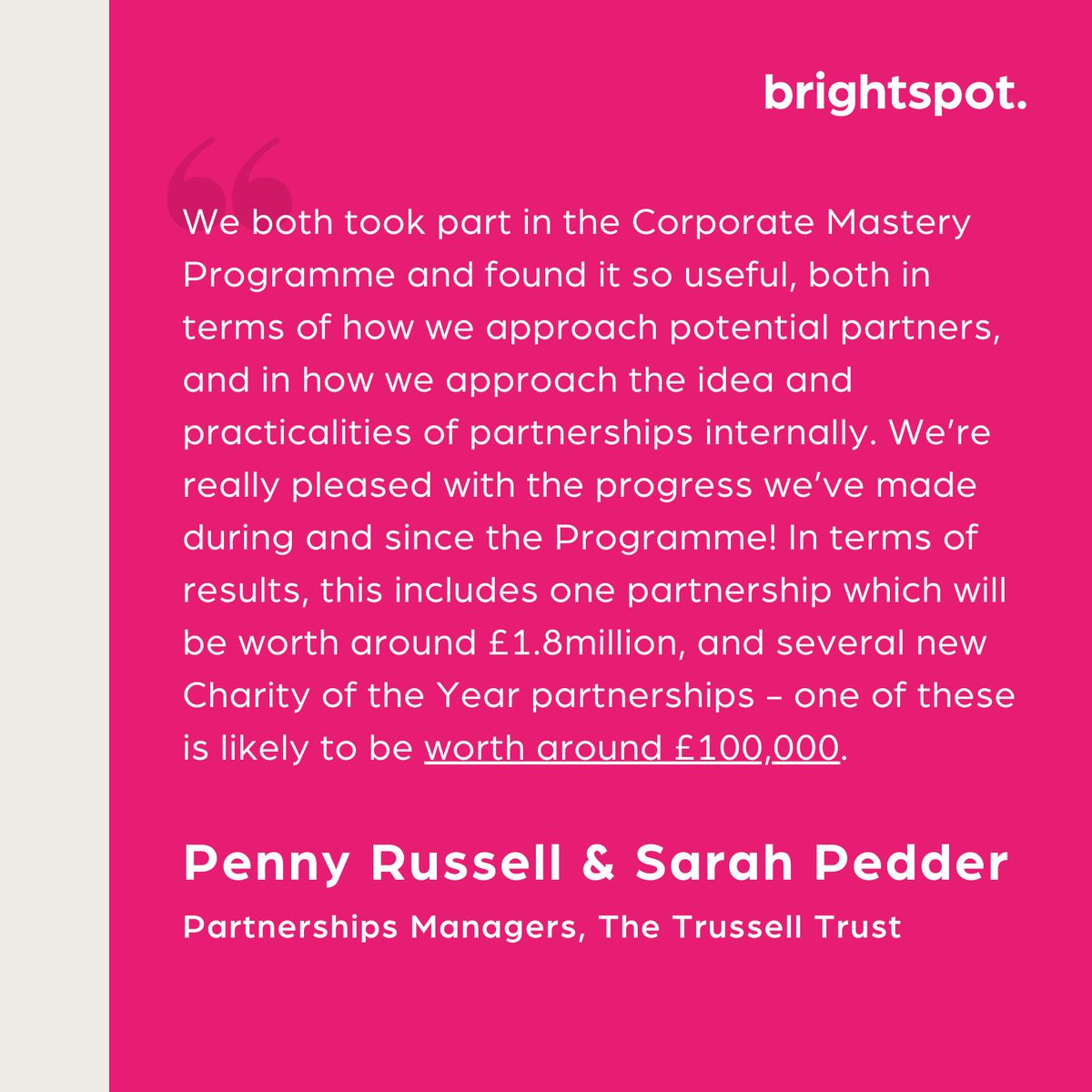 BrightSpotFunds's tweet image. Huge Congratulations to Penny and Sarah at The Trussell Trust on the stunning results you achieved during and after the Corporate Mastery Programme! And thank you for your kind feedback.  🙏  

Find out more about the programme here -&amp;gt; bit.ly/2YYuyYA